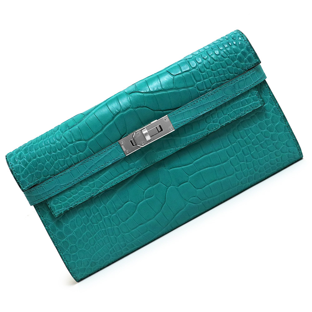 (新品・未使用品)エルメス HERMES ケリーウォレット ロング 二つ折り長財布 クロコダイル アリゲーターマット レザー グリーン 緑 C刻印拍卖