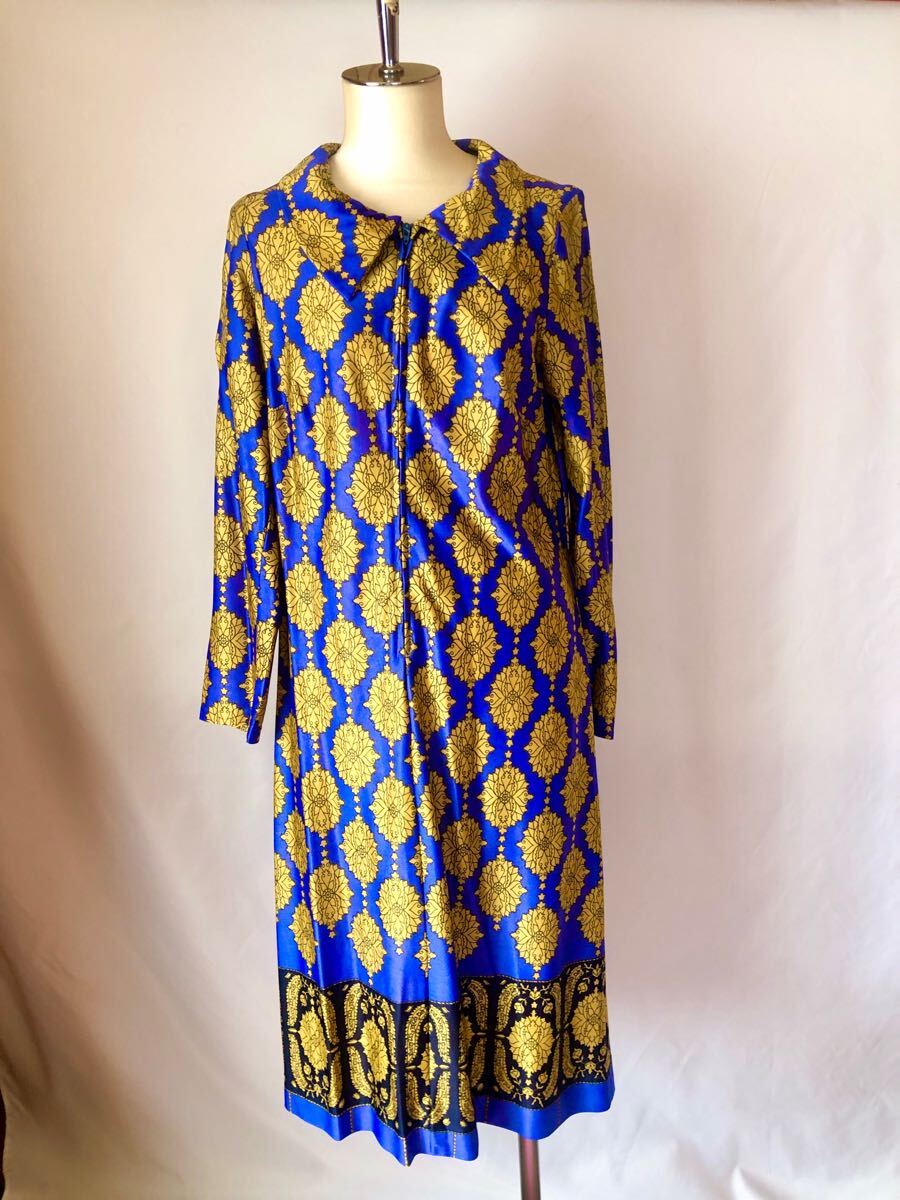 フランスパリヴィンテージ長袖ロングワンピース膝丈チュニックM相当♪青黒黄色スカーフ柄みたいストレッチ薄地 総柄拍卖