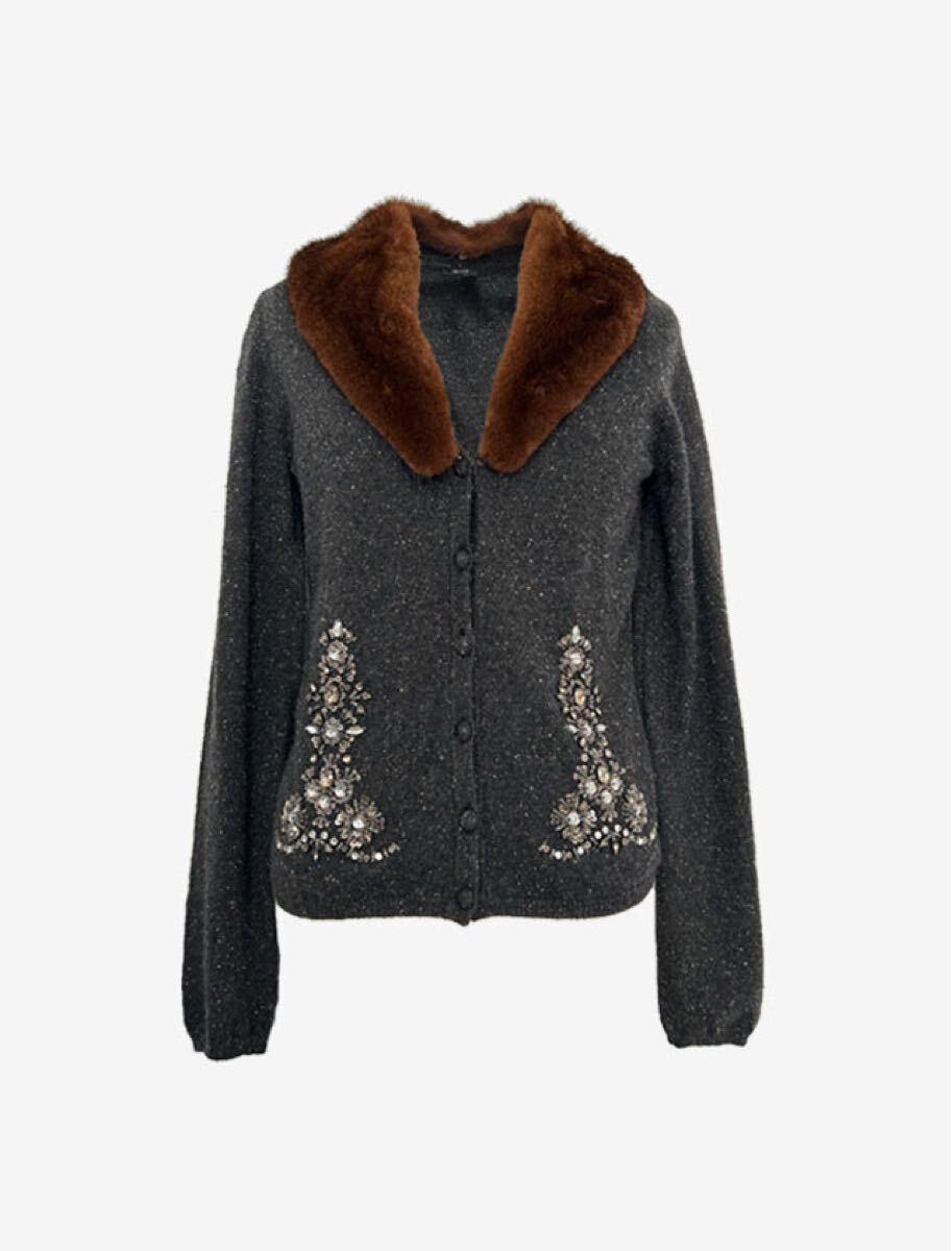 未使用 定価33.6万 ESCADA エスカーダ ミンクファー付 カシミヤ シルクミックス カーディガン ダークグレー サイズ36 ★拍卖