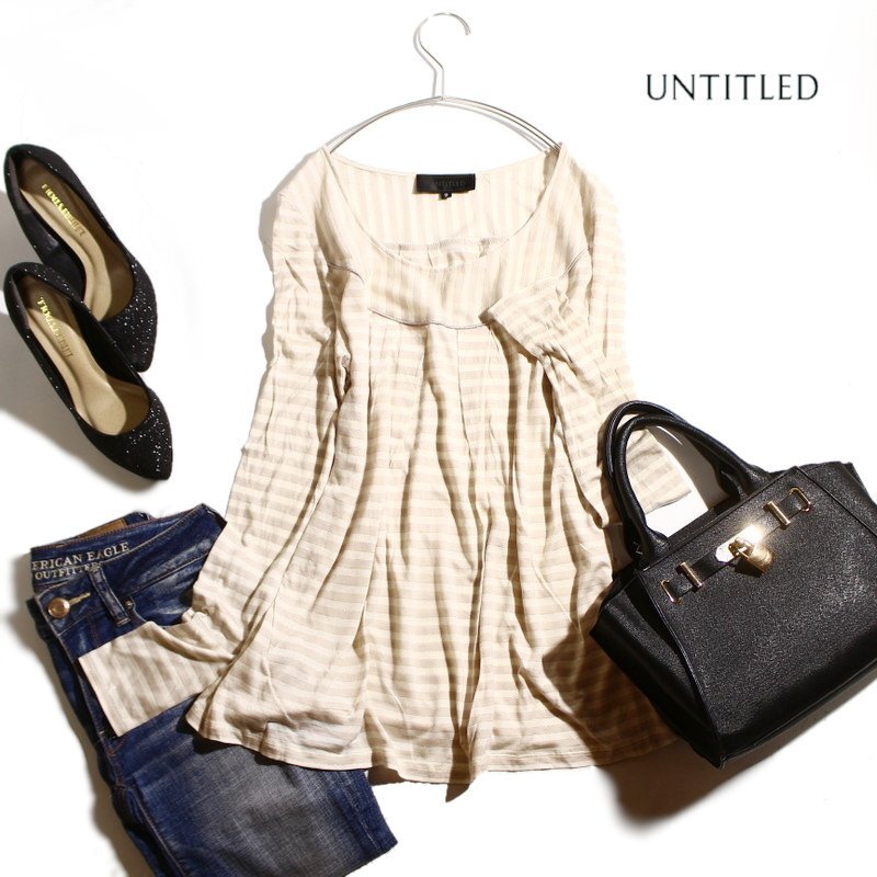 美品 アンタイトル UNTITLED 株) ワールド 春 夏 ラメ ボーダー 柄 薄手 透け 長袖 Tシャツ カットソー 9号 2 ホワイト 白 ミセス オフィス拍卖