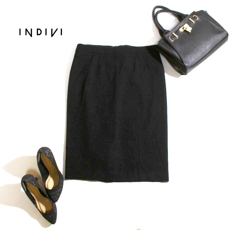 美品 インディヴィ INDIVI 株) ワールド 通年 ポリエステル ジャージ― シンプル タイトスカート 41 ブラック 黒 LL フォーマル オフィス拍卖