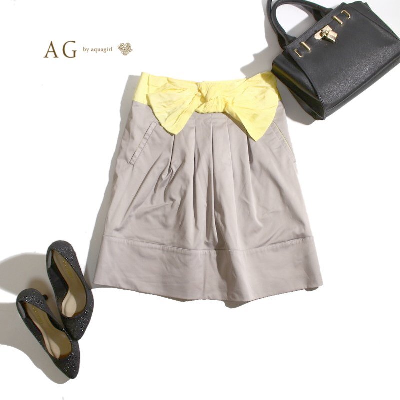 美品 AG by aquagirl アクアガール 春 夏 可愛い ビックリボン バイカラー 切替 Aライン フレアスカート M グレー イエロー 黄色 スカート拍卖