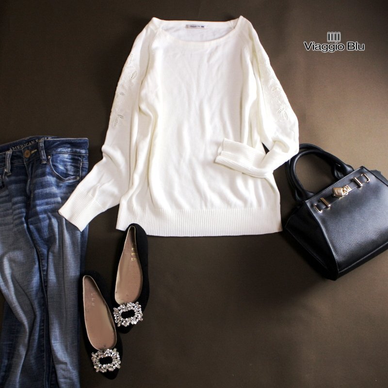 美品 ビアッジョブルー Viaggio Blu 春 合物 お袖 フラワー レース ニットカットソー 2 ホワイト 白 オフィス 通勤 清楚 綺麗め 仕事拍卖