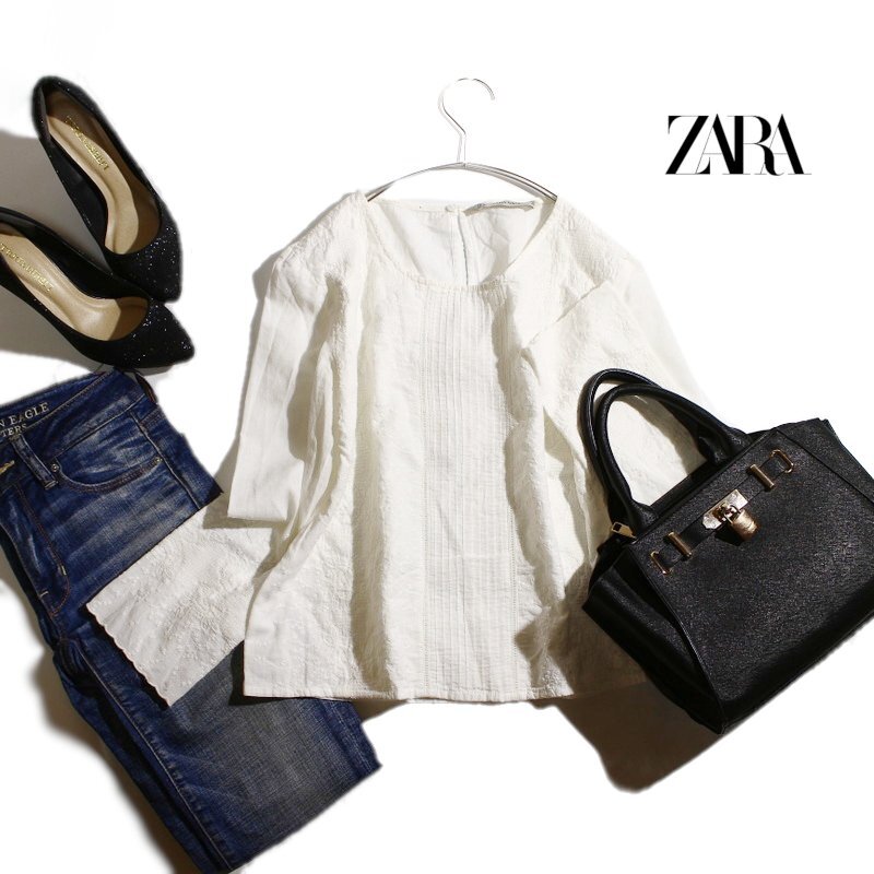 ZARA BASIC ザラ ベーシック 春 夏 可愛い 刺繍 オーガンジー コットン 長袖 ブラウス S ホワイト 白 カットソー プルオーバー ガーリー拍卖