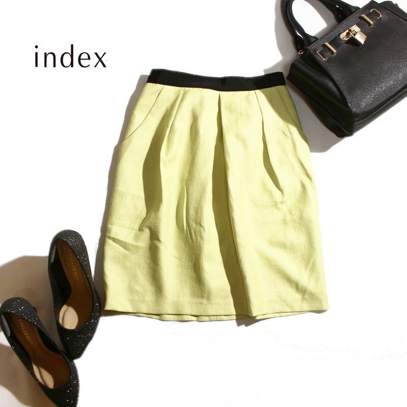 美品 index インデックス 株) ワールド 春 夏 きれい色 タック スカート S イエロー 黄色 オフィス 通勤 綺麗め フォーマル拍卖