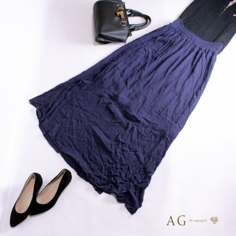 美品 aquagirl アクアガール 株) ワールド 春 夏 ナチュラル シワ コットン風 レーヨン シンプル ロングフレアカート M ネイビー 紺 通勤拍卖