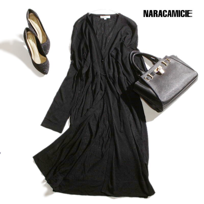 美品 ナラカミーチェ NARACAMICIE 春 夏 ベルト入り ストレッチ サマーニット ロングニットカーディガン Ⅰ ブラック 黒 ポリエステル拍卖