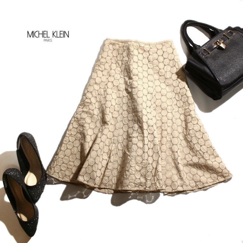 美品 ミッシェルクラン MICHEL KLEIN イトキン(株) 春 夏 刺繍 エンブロイダリーレーススカート フレアスカート 34 ベージュ 5号 通勤拍卖