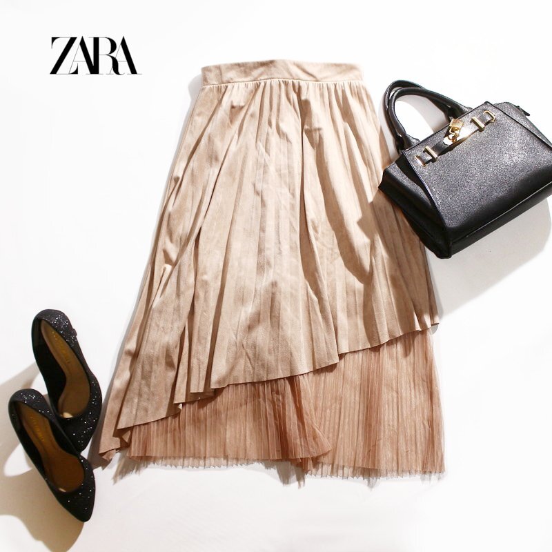 美品 ZARA BASIC ザラ ベーシック 秋 冬 春 女性らしい 合皮レザー スエード プリーツティアードスカート S やさしい ピンク ミディ拍卖