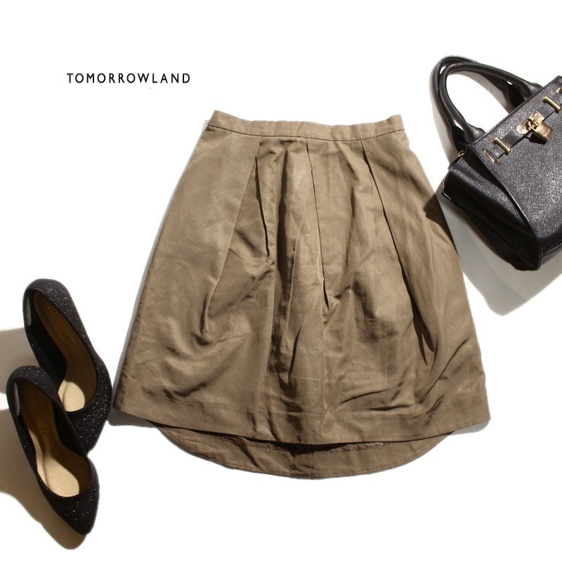 美品 トゥモローランド TOMORROWLAND 通年 タック Aライン スカート 7号 34 XS ブラウン 茶色 シンプル ナイロン系素材 通勤 綺麗め拍卖