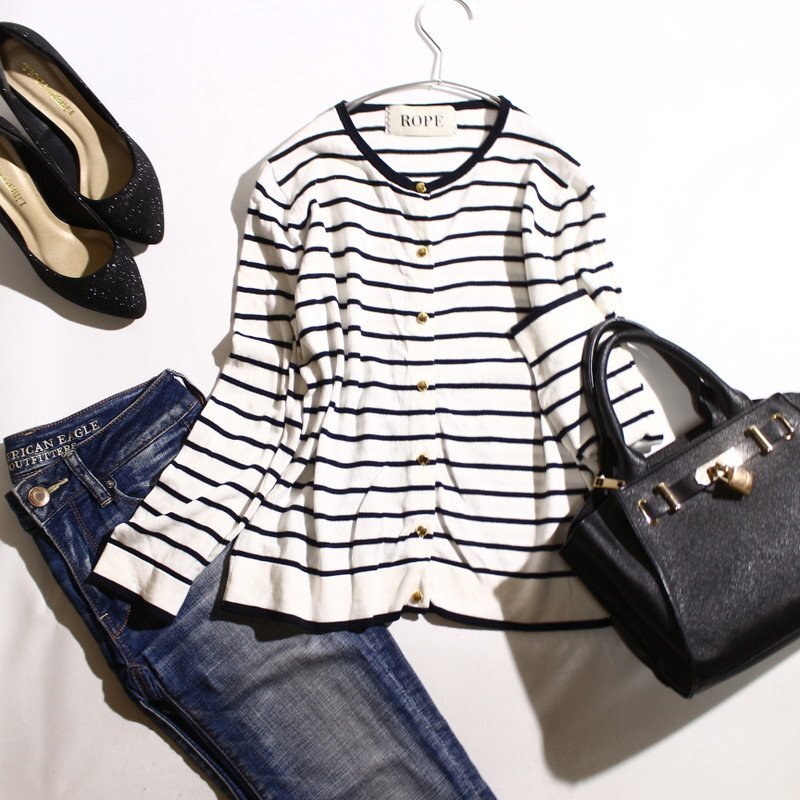 美品 ROPE’ ロペ 春 夏 透け ボーダー 柄 薄手 サマーニットカーディガン M ゴールド ネイビー 紺 ホワイト ミセス オフィス 綺麗め 通勤拍卖