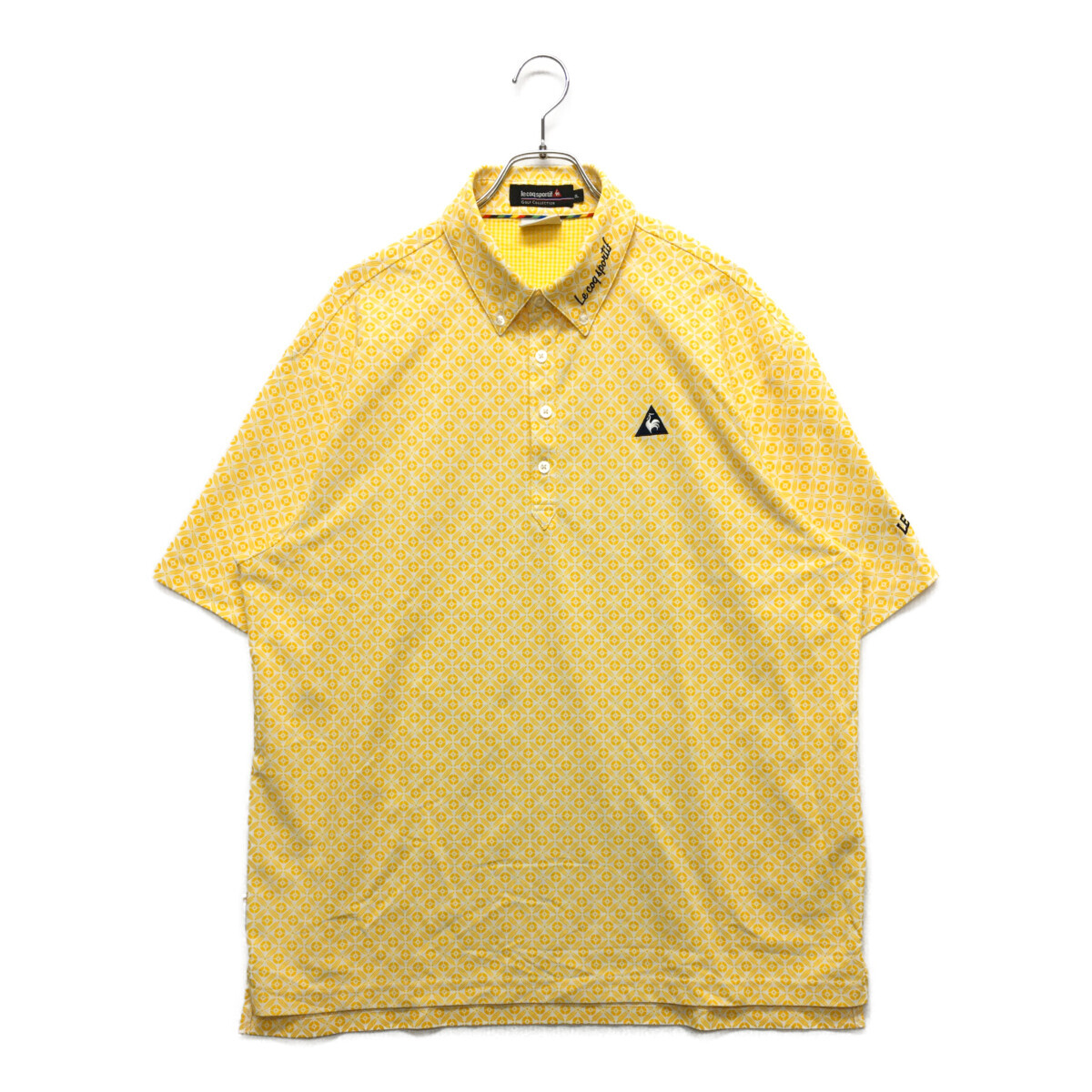 coco 中古【値下げ】 ルコックスポルティフ メンズ 半袖ポロシャツ 3L 黄色×白 ボタンダウン 総柄 レターパックプラス発送可 93282拍卖