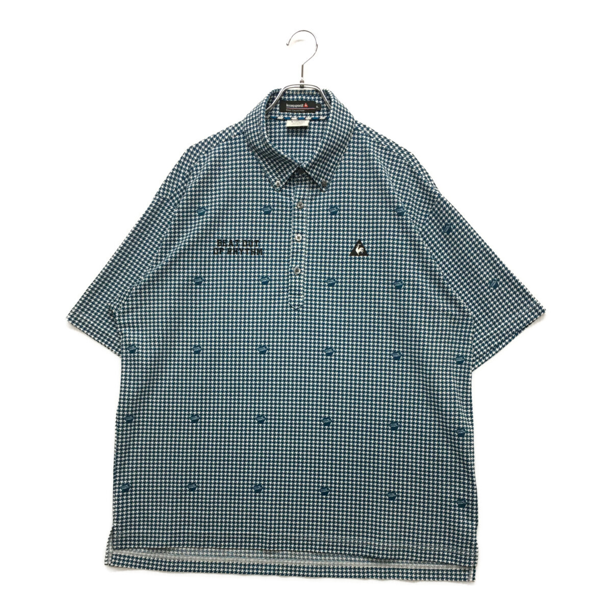 coco 中古【値下げ】 ルコックスポルティフ lメンズ 半袖ポロシャツ 3L 青緑×白 ボタンダウン 千鳥柄 レターパックプラス発送可 93283拍卖