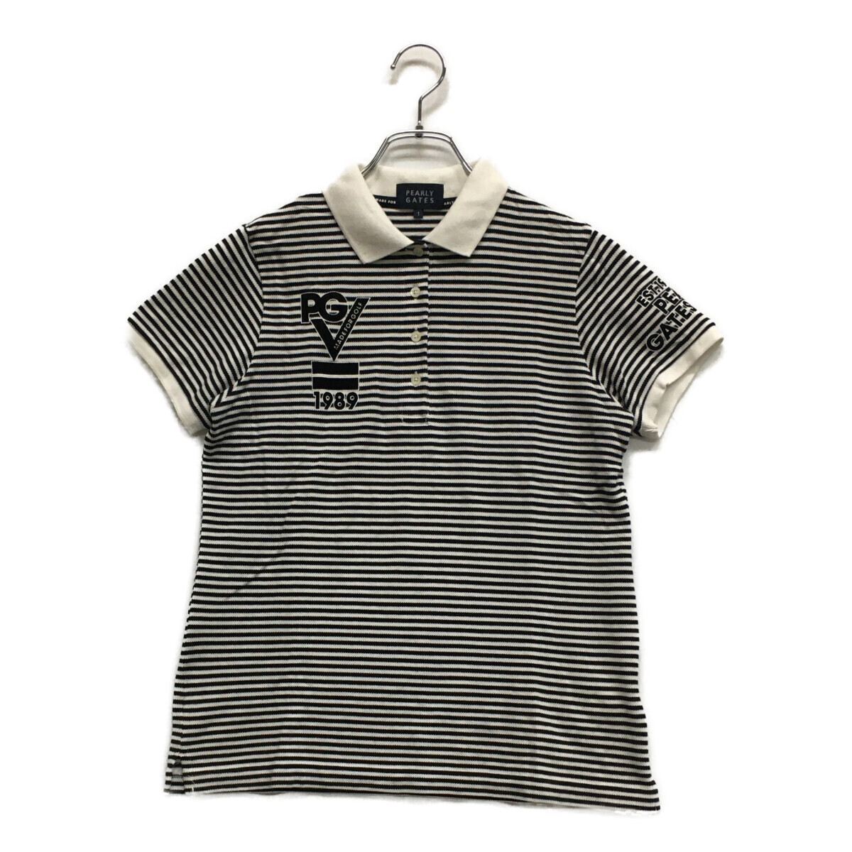 coco 中古【値下げ】 パーリーゲイツ PEARLY GATES レディース 半袖ポロシャツ 1(M) 白×黒 ボーダー レターパックプラス発送可 94736拍卖