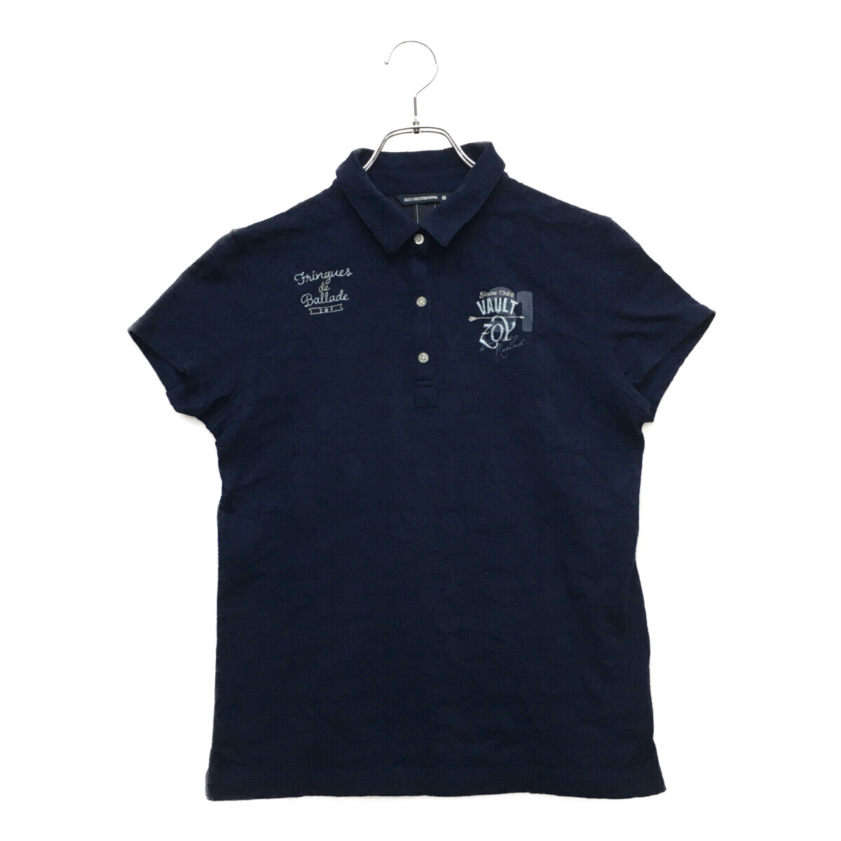 coco 中古【値下げ】 ゾーイ ZOY レディース 半袖ポロシャツ 40(L) 紺 ネイビー レモン/総柄 ネコパケ発送可 95427拍卖