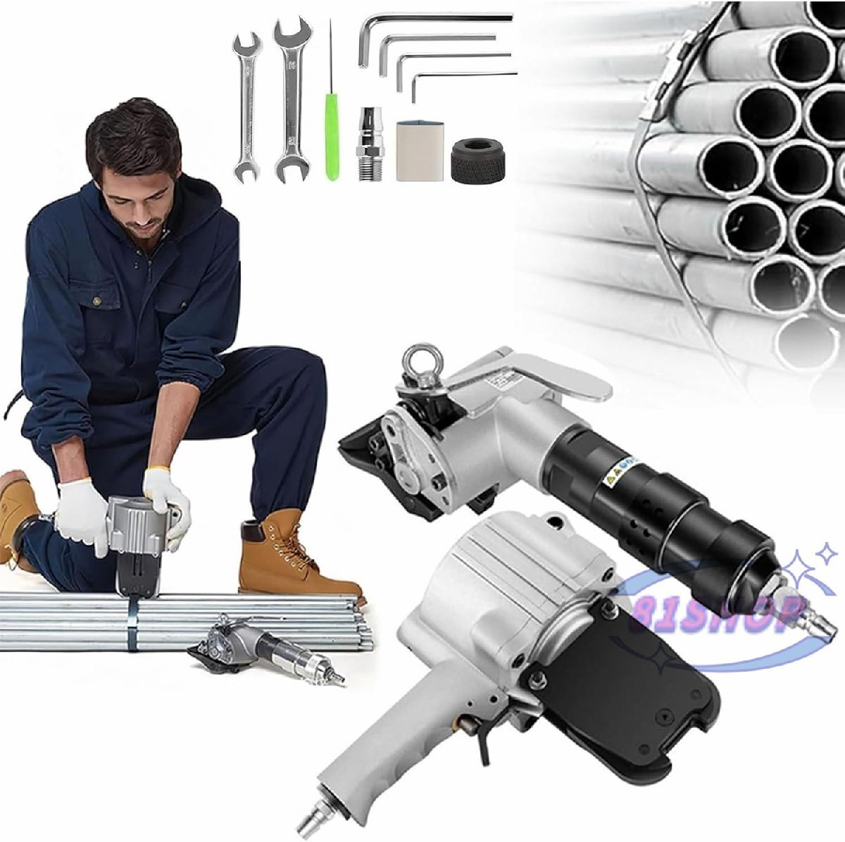 「81SHOP」空気圧式スチールストラッピングマシン、テンショナーとカッターシーラーを備えたポータブル金属包装機、(25mm)拍卖