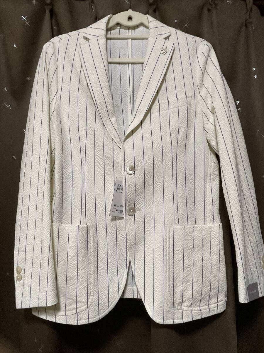 定価9万1,300円 未使用 PAOLONI パオローニ テーラードジャケット シアサッカー ストライプ 白 サイズ46 しつけ糸付き タグ付き拍卖