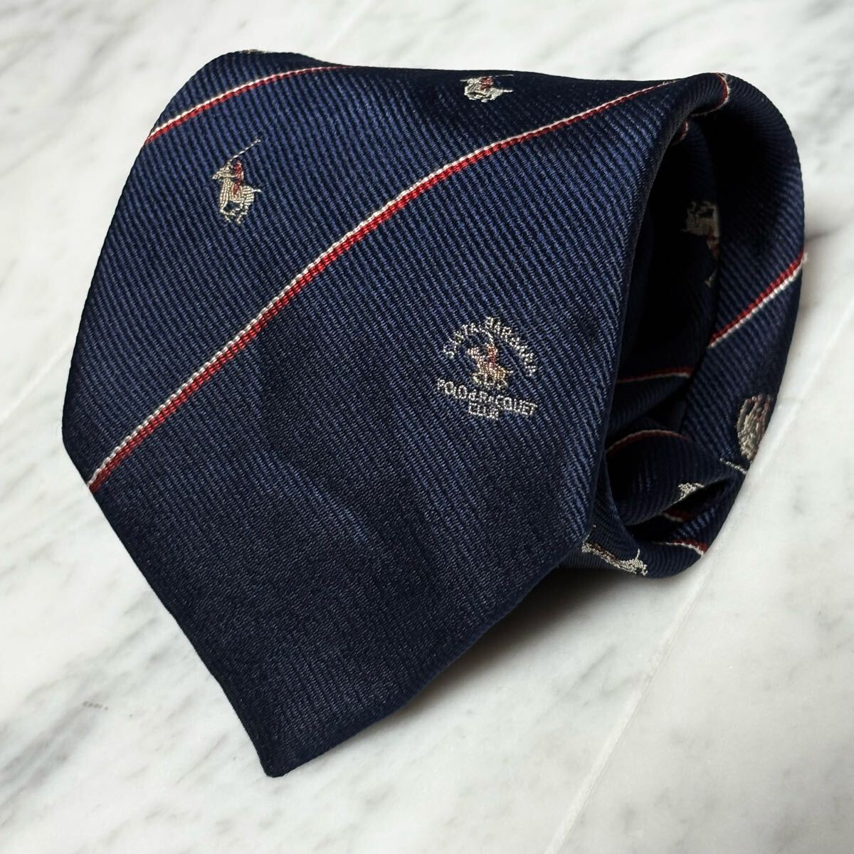 770円~ POLO CLUB ネクタイ ネイビー ストライプ ワンポイントロゴ (B10)拍卖