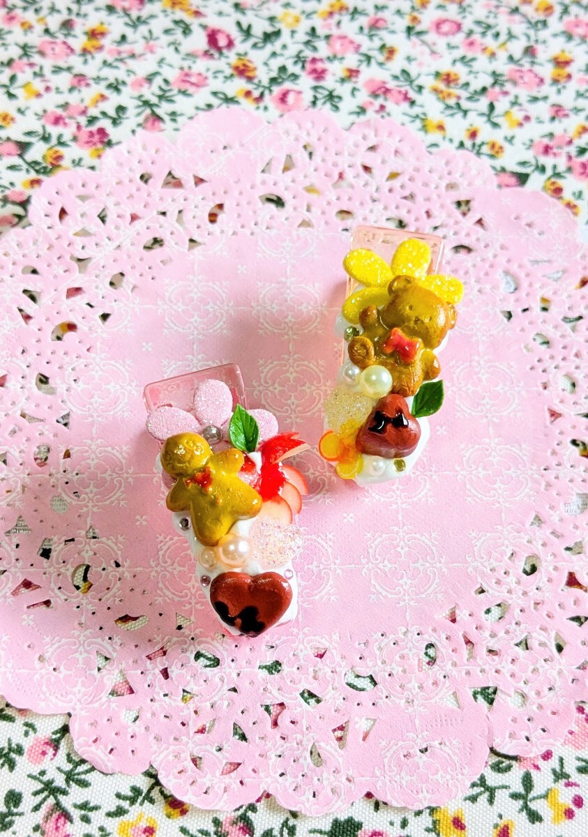 スイーツデコ月☆ミニヘアクリップ☆2個セット☆ラメフラワー☆ピンクオレンジ☆髪留め☆拍卖