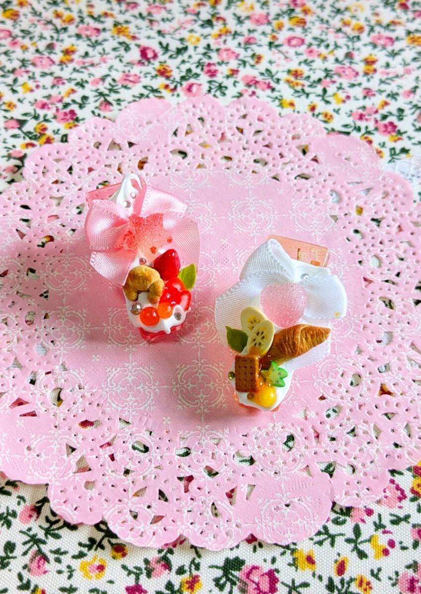 スイーツデコ月☆ミニヘアクリップ☆2個セット☆リボン☆ピンクオレンジ☆髪留め☆拍卖