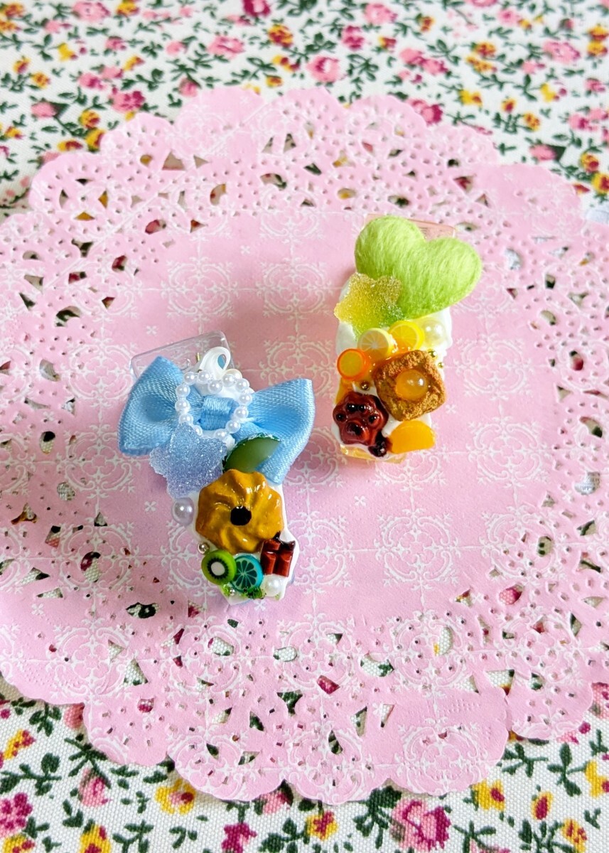 スイーツデコ月☆ミニヘアクリップ☆2個セット☆リボンハート☆水色黄緑☆髪留め☆拍卖