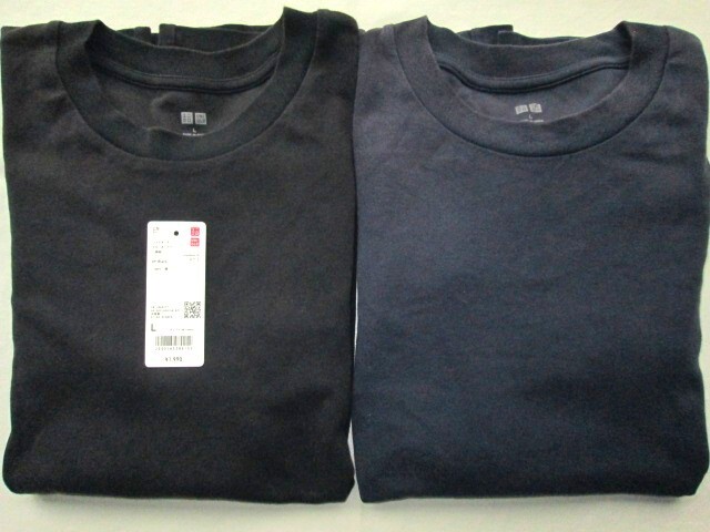 ★古着 色落ち・日焼け変色有り 2023年 UNIQLO ユニクロ ソフトタッチクルーネックT(長袖) L 09.BLACK 69.NAVY ブラック 黒 ネイビー 紺★拍卖