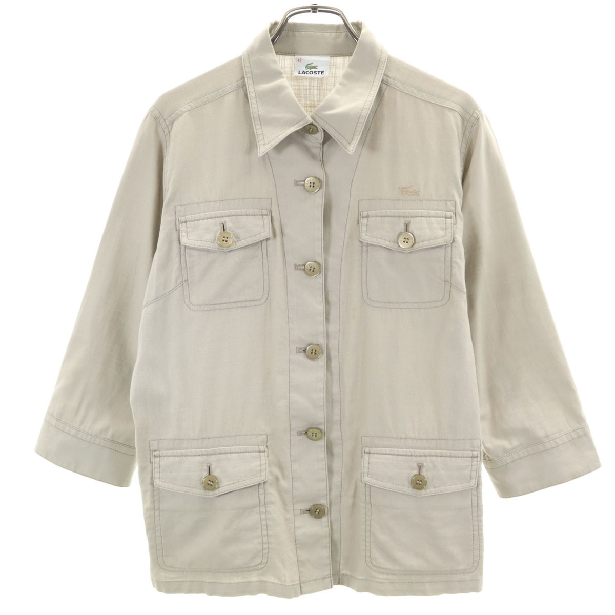 LACOSTE ラコステ リネンブレンド 7分袖 サファリ シャツ 42 グレージュ レディース拍卖