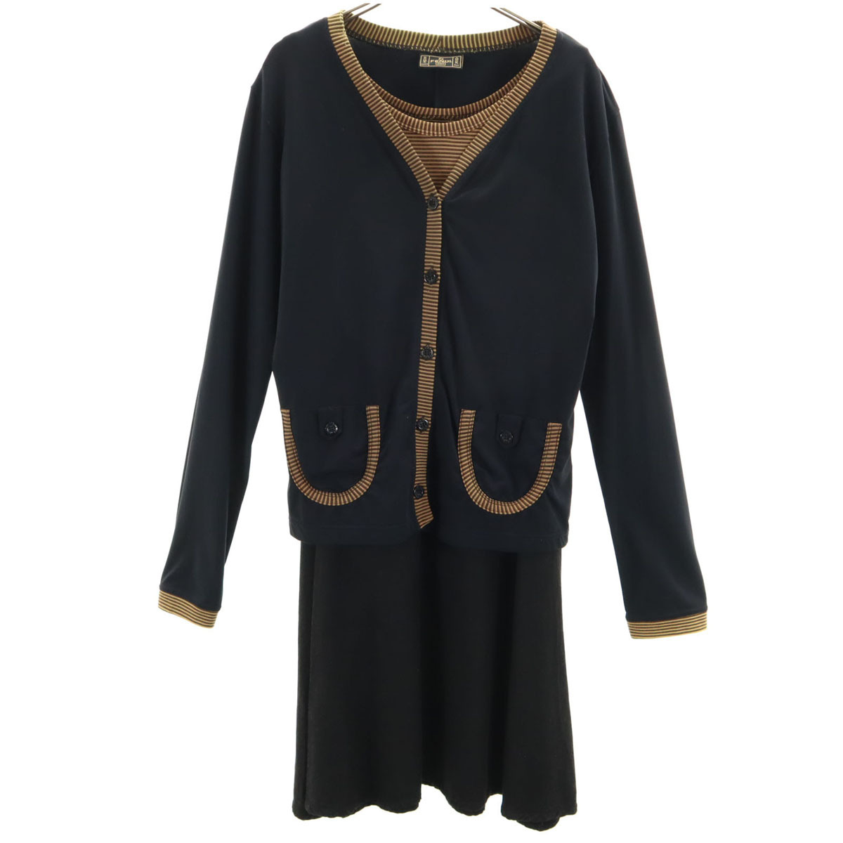 FENDI フェンディ イタリア製 ボーダー柄 長袖 アンサンブル 膝丈ワンピース 46 ネイビー カーディガン レディース拍卖