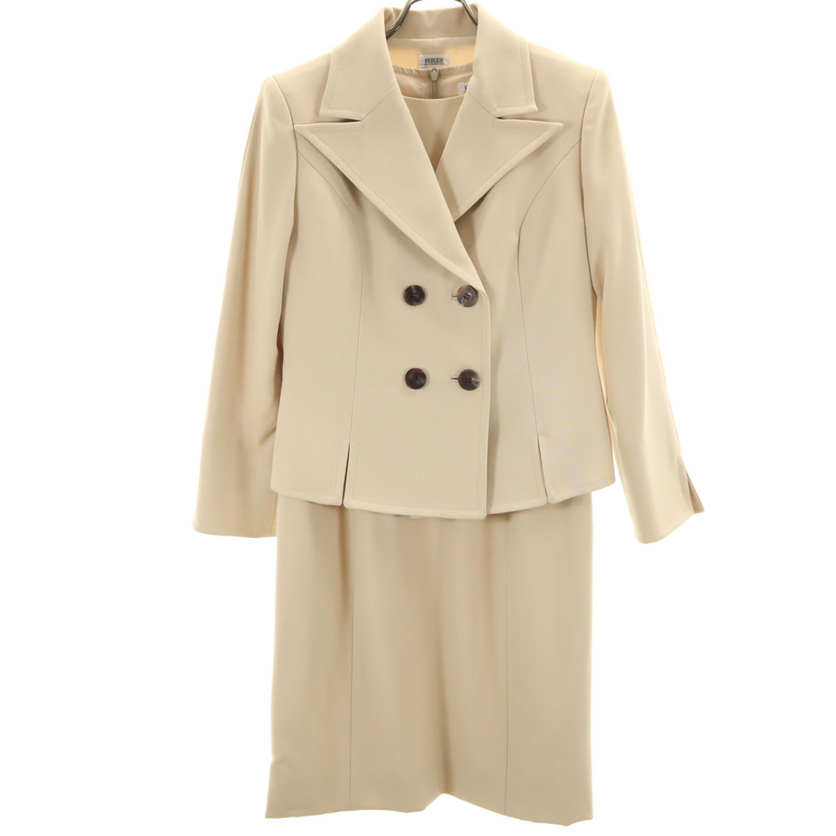 FOXEY フォクシー 日本製 アンサンブル 膝丈ワンピース 40 ベージュ テーラードジャケット レディース拍卖