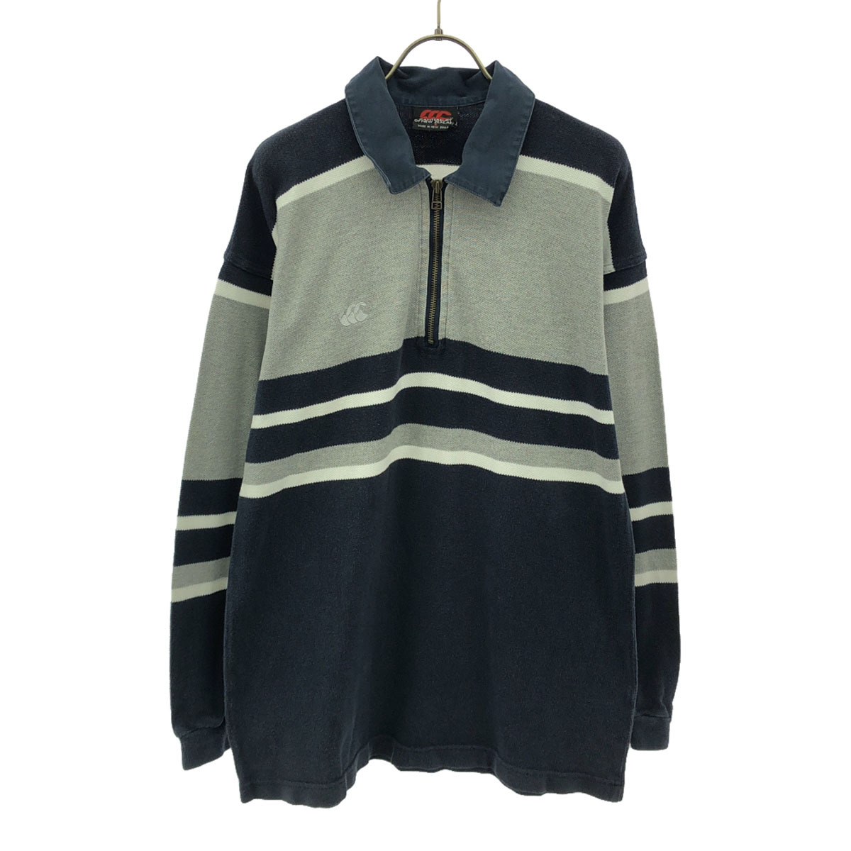 CANTERBURY OF NEW ZEALAND カンタベリーオブニュージーランド ロゴ刺繍 ボーダー 長袖 ハーフジップ ポロシャツ S メンズ拍卖
