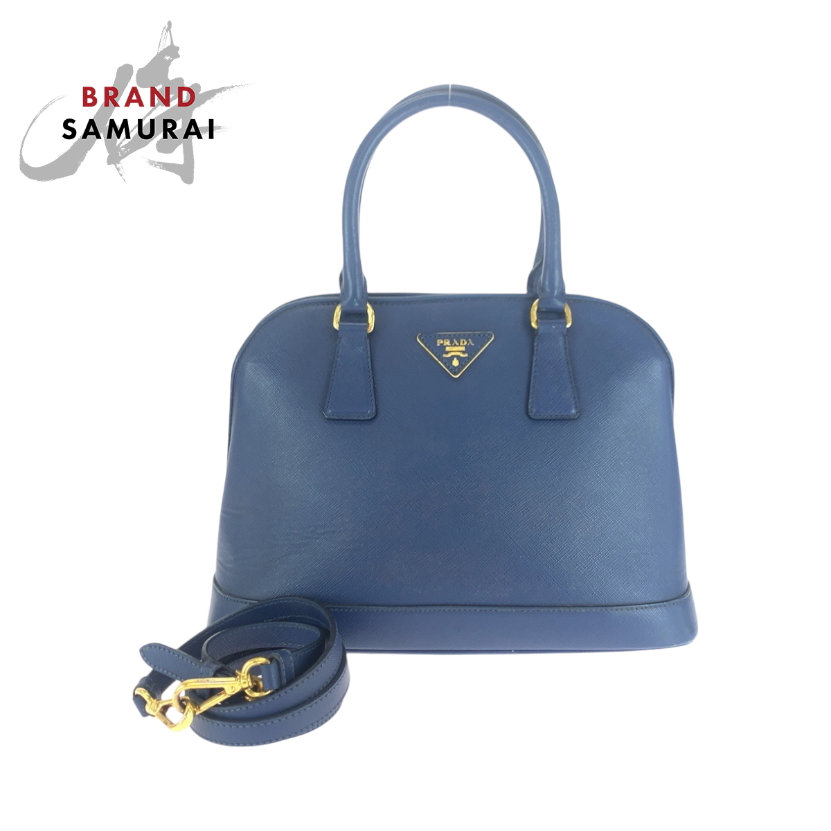 美品 PRADA プラダ サフィアーノ 三角ロゴプレート ブルー ゴールド金具 レザー BL0537 ショルダーバッグ ハンドバッグ 2way 502058拍卖