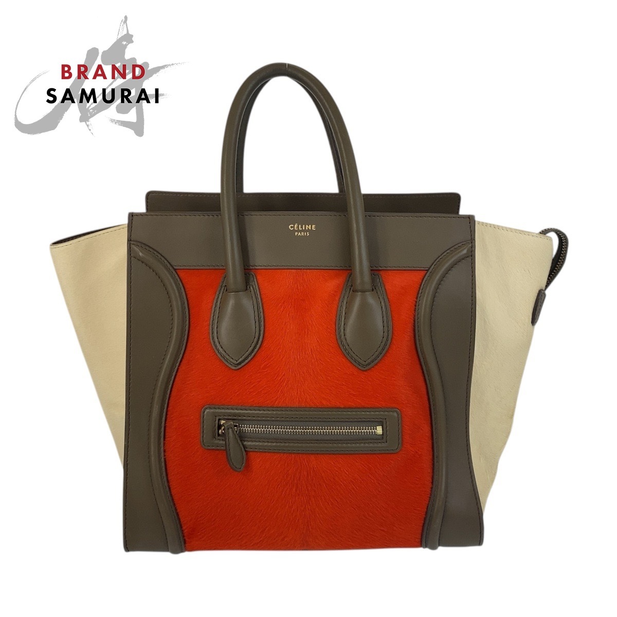 CELINE セリーヌ ラゲージミニ オレンジ カーキ ベージュ ゴールド金具 ハラコ/レザー W GA-0172 ハンドバッグ トートバッグ 501962拍卖