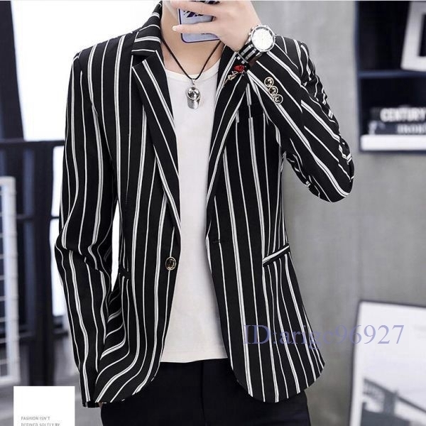 M568★新品メンズ テーラードジャケット ブレザー ストライプ柄 紳士服 ビジネス 通勤 スーツジャケット 春物 スキニー カジュアル M-3XL拍卖