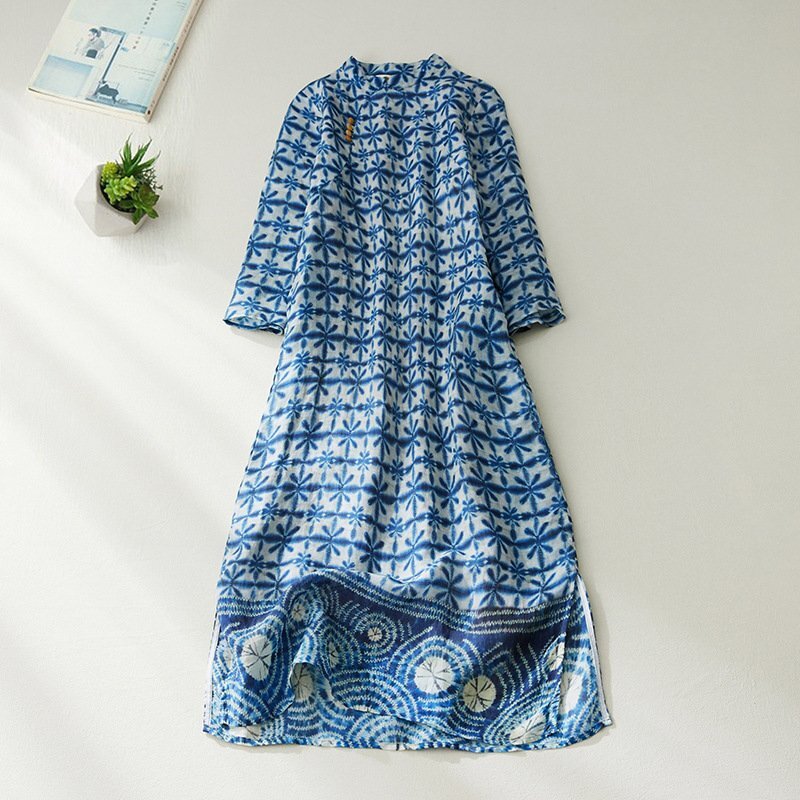 B0257☆新品しぼりっぽいプリント柄 大きいサイズ コットン風素材の涼し気チャイナ風ロング丈半袖ワンピ拍卖