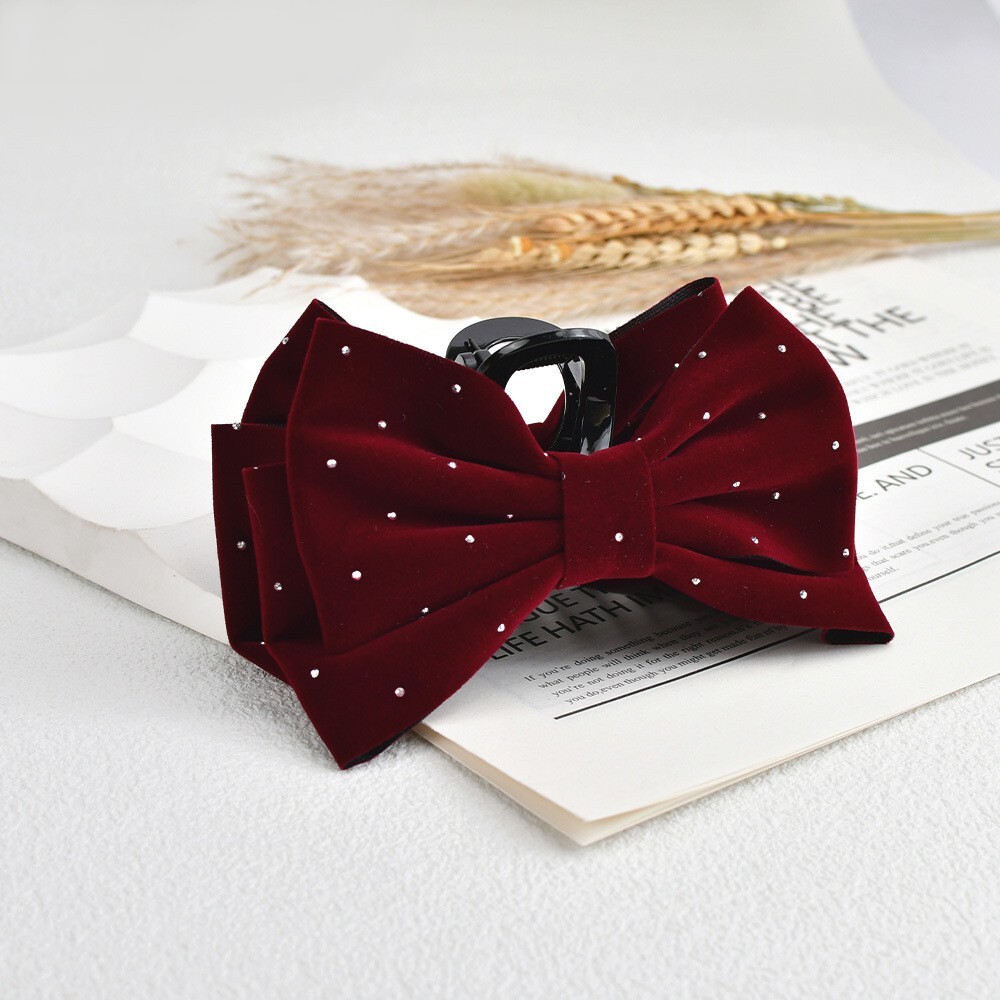 ワインレッド レディース ベロア リボン ヘアクリップ かわいい ベルベット 韓国 おしゃれ フレンチガーリー まとめ髪 ドット 大人 NI0432拍卖