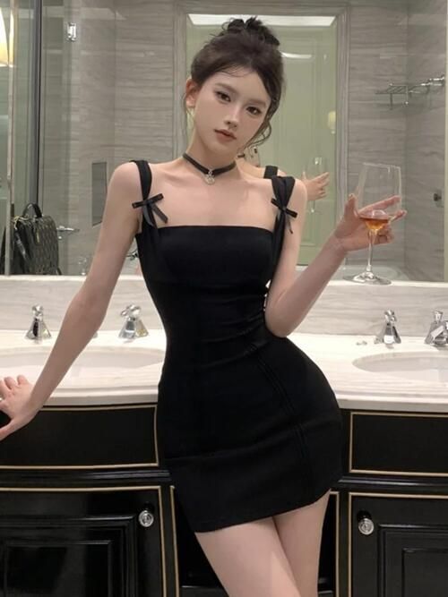 Mサイズ レディース リボン キャバワンピ ノースリーブ ワンピース ニット セクシー タイト 夜職 キャバクラ スナック ブラック NE0184拍卖