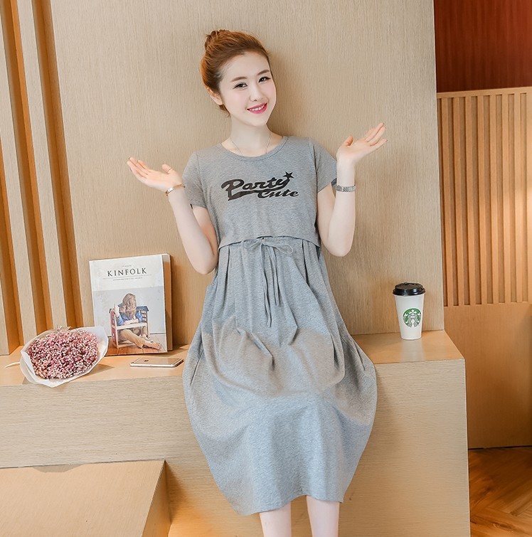 Lサイズ マタニティ 授乳口付き ワンピース ルームウェア ロング丈ワンピース レディース 半袖パジャマ 妊婦服 グレー 456拍卖