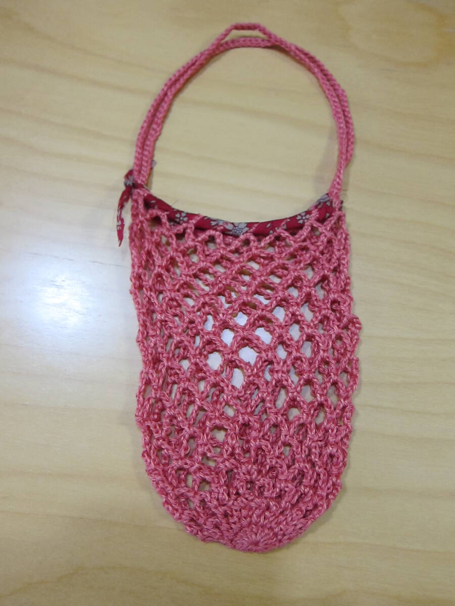 ハンドメイド手編み/リバティ/リネン糸メッシュミニバッグ/レッド拍卖