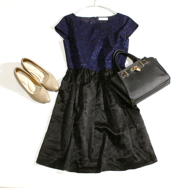 美品 NOLLEY'S LIGHT ノーリーズ 異素材切り替え ジャガード ワンピース 40号 L 春 夏 秋 25A04拍卖