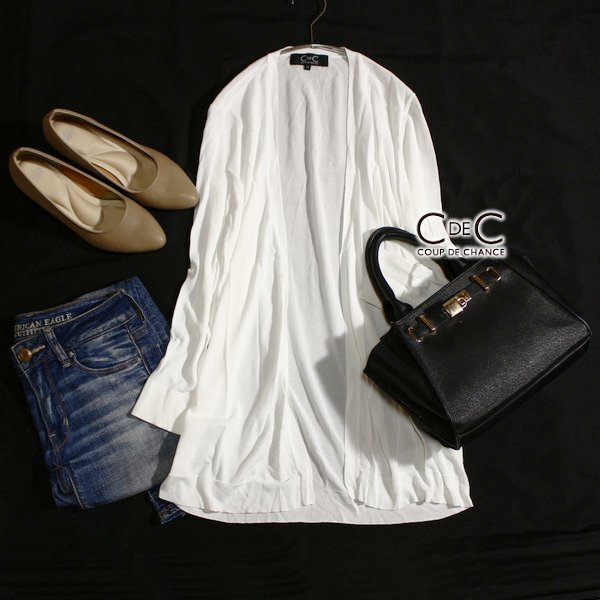 美品 COUP DE CHANCE クードシャンス 上品綺麗め レーヨンストレッチ ノーボタン ロングニット カーディガン 34号 XS 春 夏 25A04拍卖