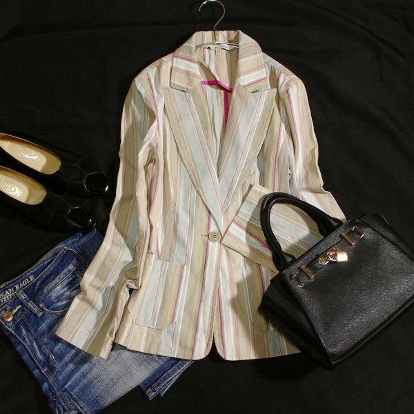 美品 LAURA ASHLEY ローラアシュレイ コットン100% マルチカラー ジャケット 36号 春 夏 25C04拍卖