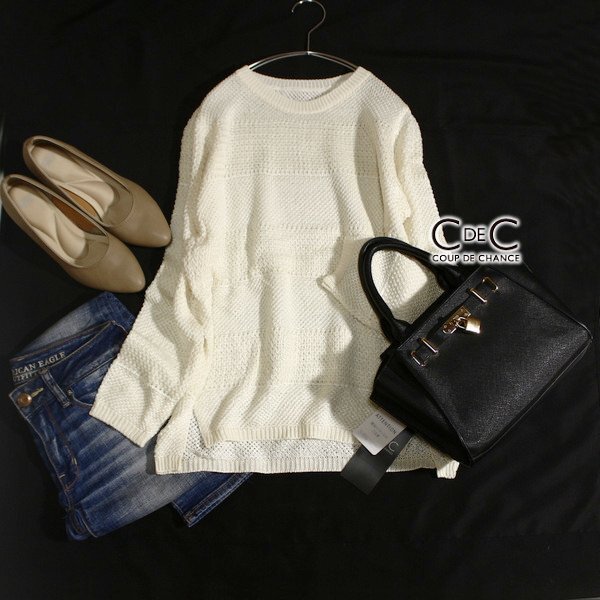 未使用 定価13500円 COUP DE CHANCE クードシャンス ☆☆ 大人可愛い ボーダー編み コットン ニット セーター M 春 秋 オフホワイト 25C03拍卖