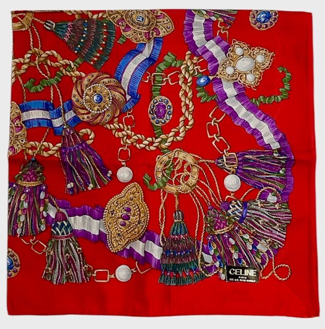 未使用 セリーヌ 大判 ハンカチ スカーフ レッド アクセサリー柄 赤 レディース CELINE 綿 100% 【中古】拍卖