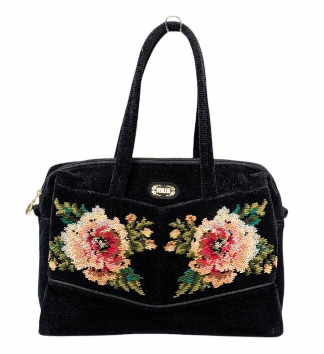 フェイラー ボストンバッグ ハンドバッグ ミニボストン パイル地 花柄 小花柄 ブラック 黒 FEILER レディース 【中古】拍卖