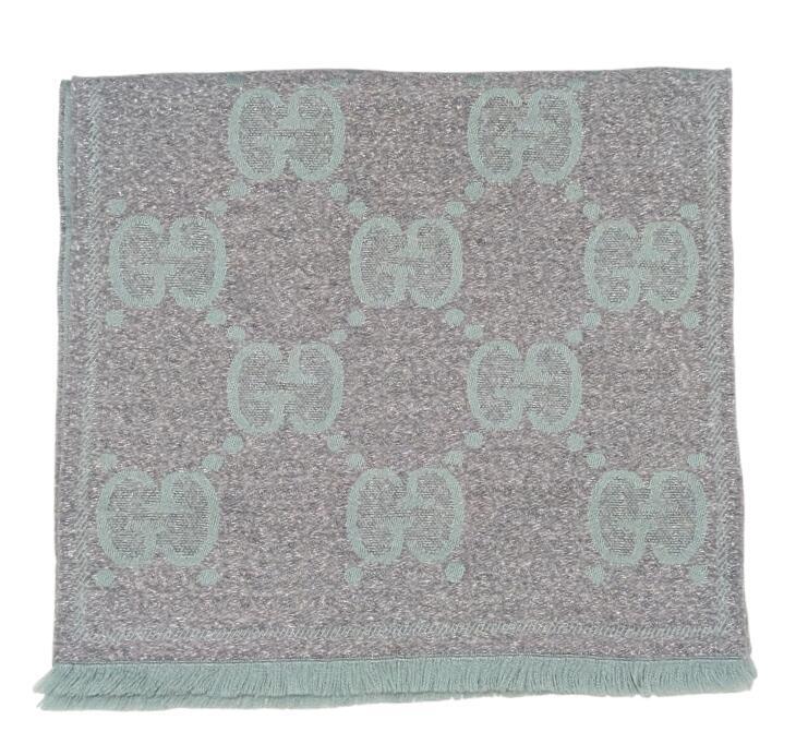 新品同様 グッチ GG柄 フリンジ ジャガードマフラー 598993 ラメ入り ストール グレー グリーン GUCCI 【中古】拍卖