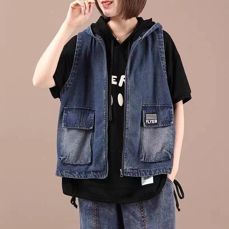 人気品レディース デニムベスト アウター ノースリーブ カジュアル 春 ゆったり 可愛い 大きいサイズ フード付き (2色S-3XL)お色選択可拍卖
