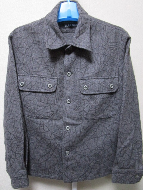 SLAP SHOT スパイダー総柄・長袖シャツ・グレー(スラップショット蜘蛛の巣クモの巣柄ウール素材シャツアメカジ90s00sビンテージ古着)拍卖