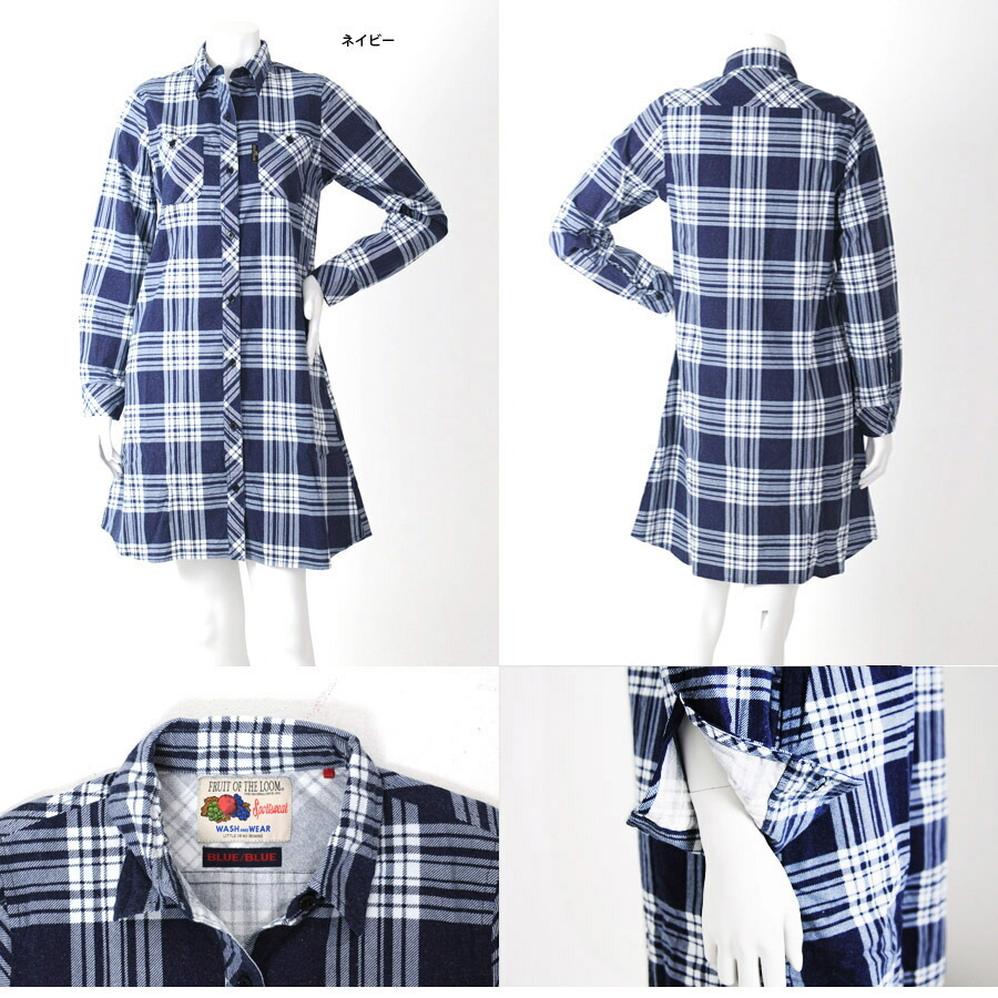 BLUE BLUE×FRUIT OF THE LOOM プリントネルチェック ワンピース ネイビー ワンサイズ【処分品】拍卖