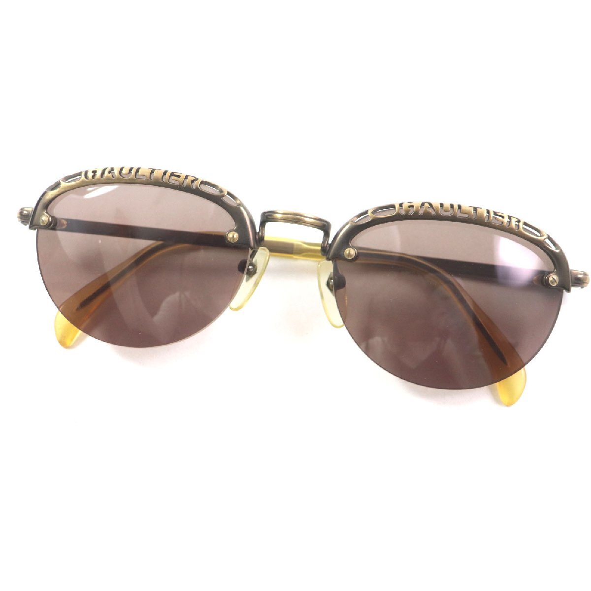 良品▼JEAN-PAUL GAULTIER ジャンポールゴルチエ 56-3175 オールド ロゴ刻印入り ハーフリム サングラス ゴールド クリアイエロー メンズ拍卖