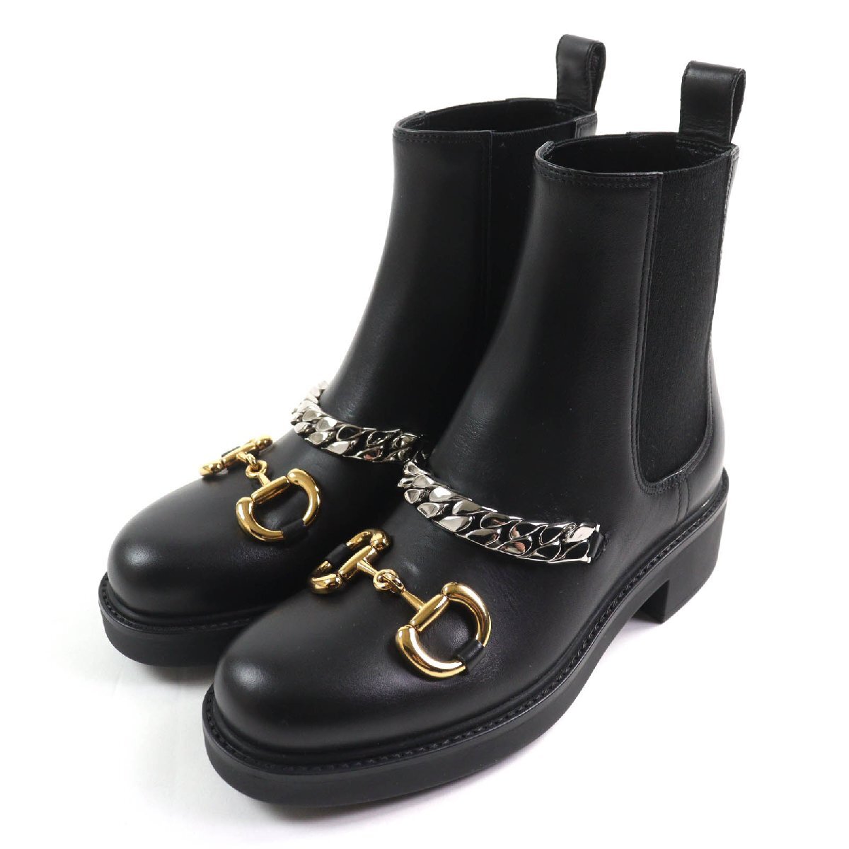 未使用品★GUCCI グッチ 670393 ホースビット チェーン装飾 レザー チェルシーブーツ ブラック 35 箱・保存袋付き イタリア製 レディース拍卖